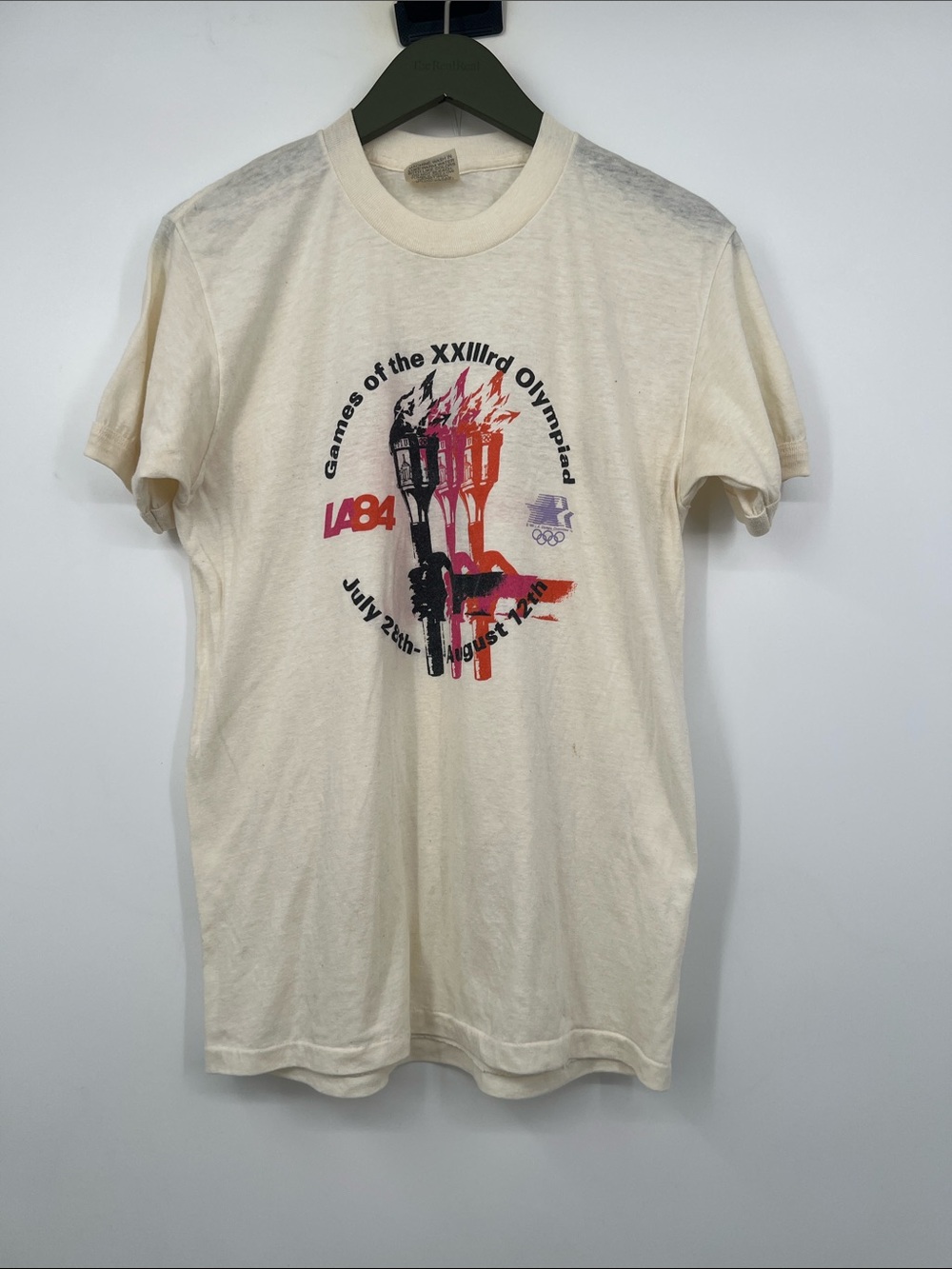 Vintage Cream LA84 Olympic Torch Graphic Tee Los Angeles 1984 Thin Ringer Tee